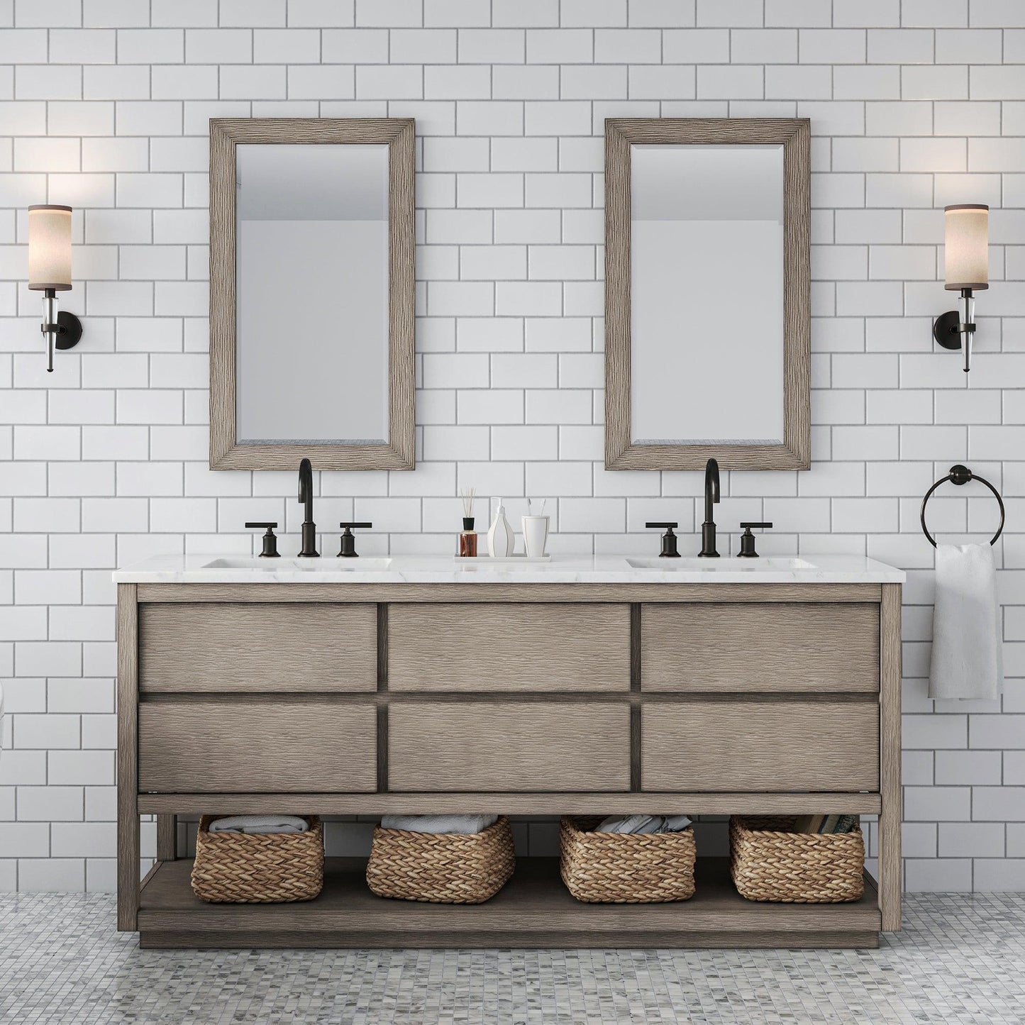 Water Creation Oakman 72" Double Sink Carrara White Marble Countertop Bath Vanity in Grey Oak with Rectangular Mirrors