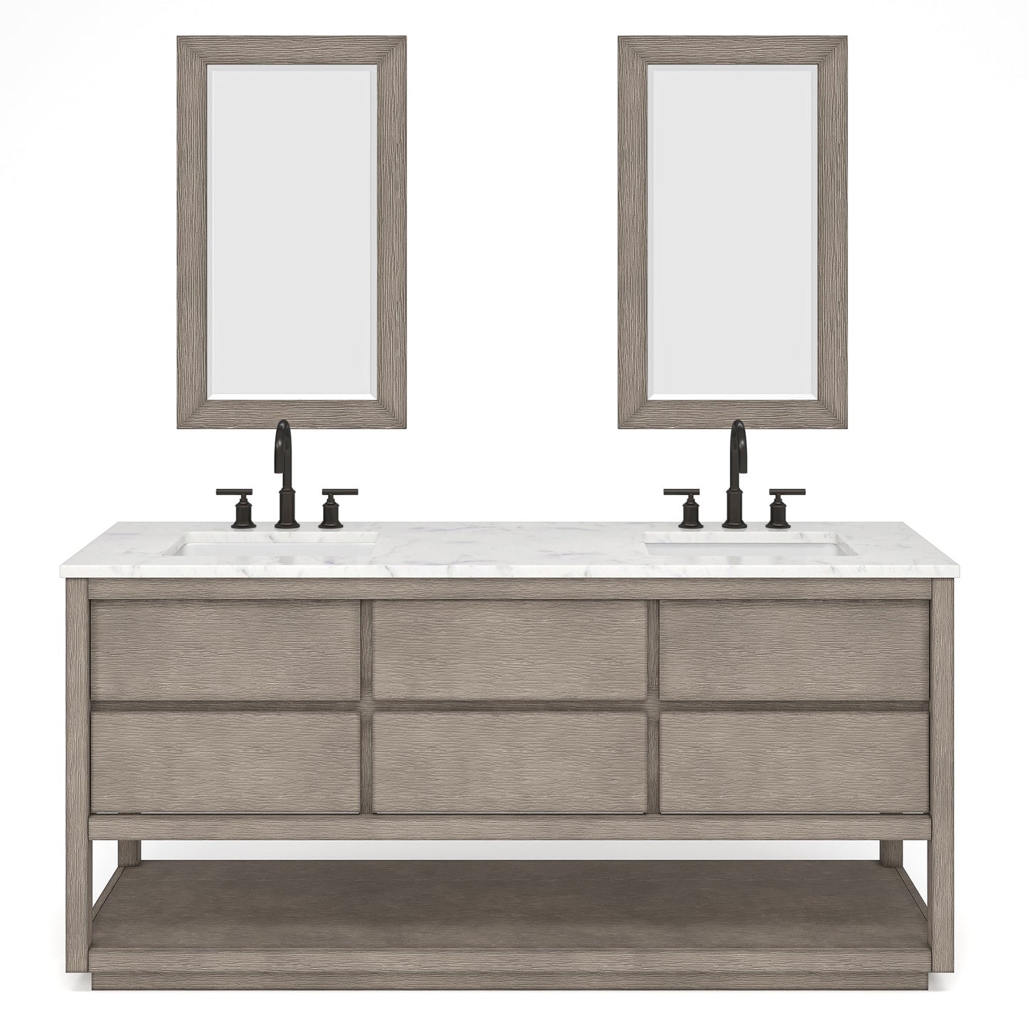 Water Creation Oakman 72" Double Sink Carrara White Marble Countertop Bath Vanity in Grey Oak with Rectangular Mirrors