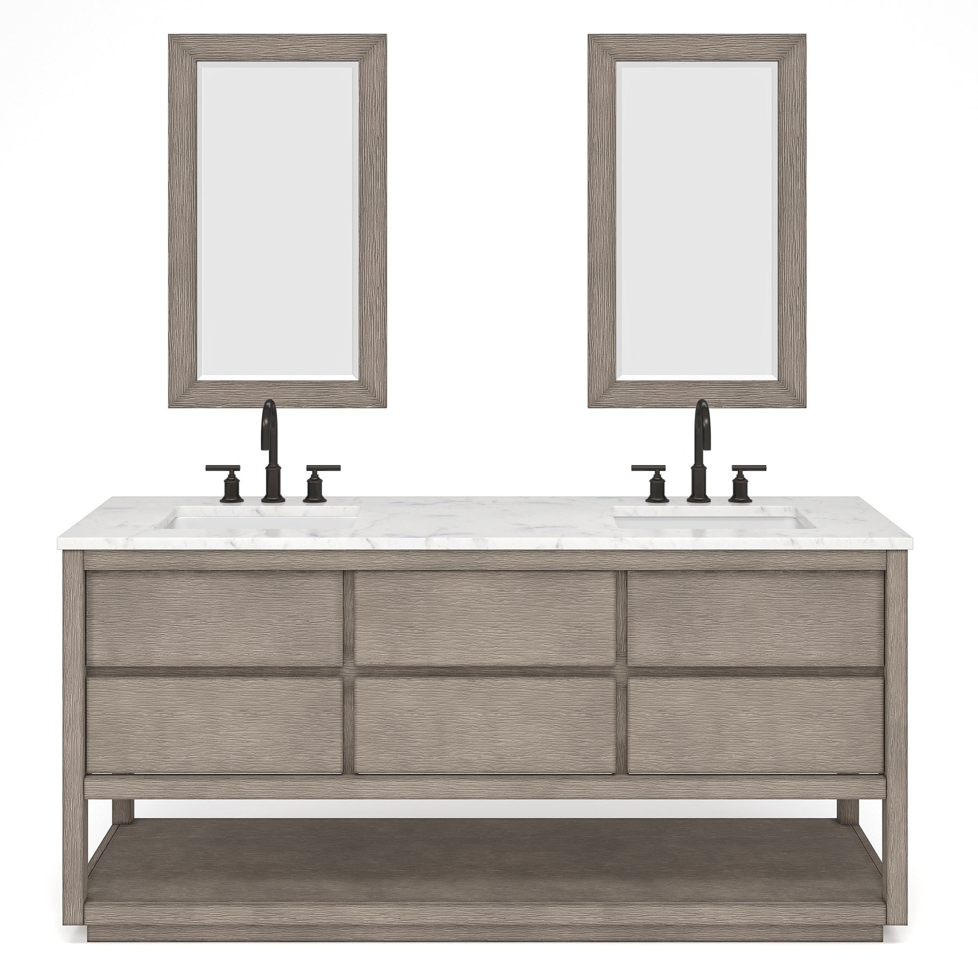 Water Creation Oakman 72" Double Sink Carrara White Marble Countertop Bath Vanity in Grey Oak with Rectangular Mirrors