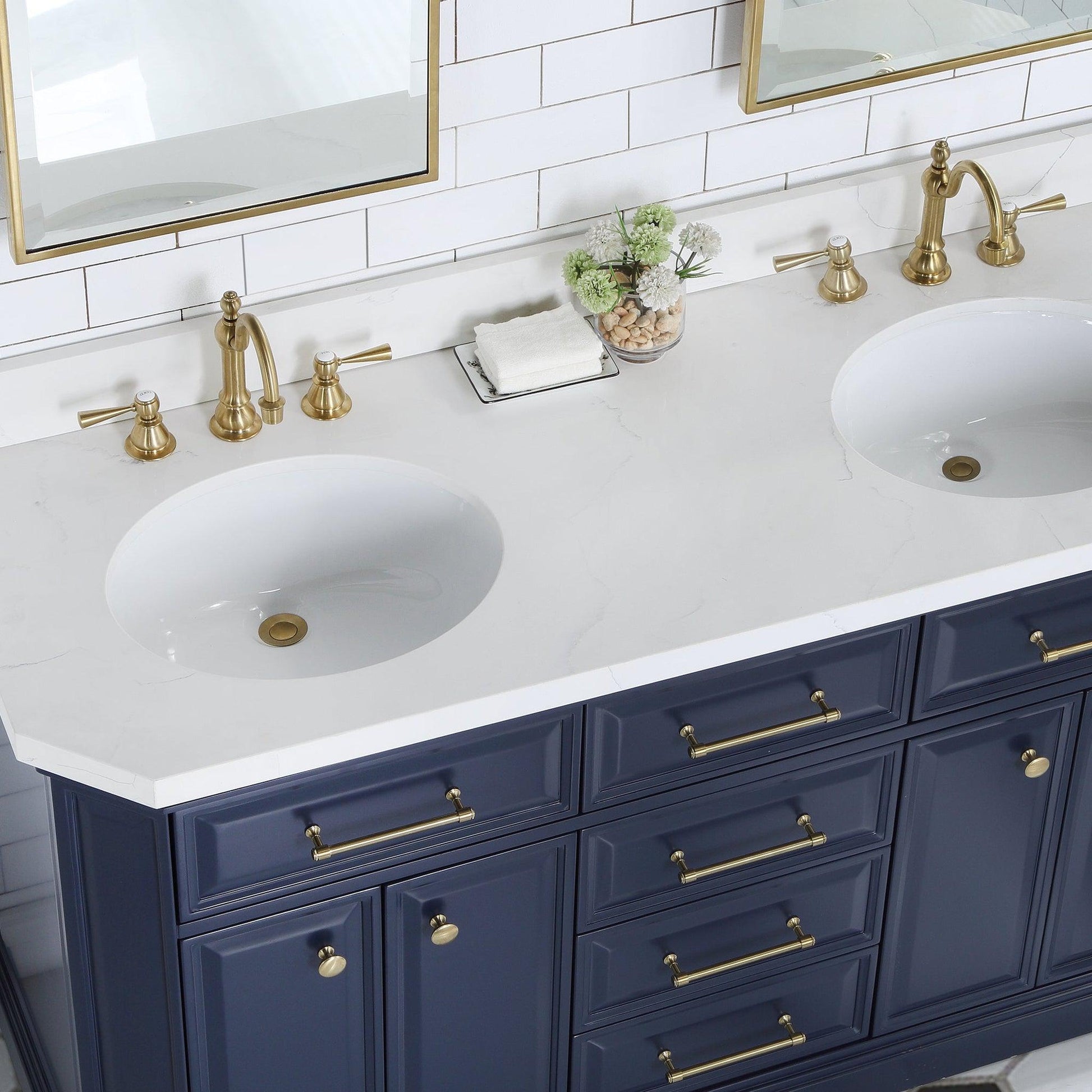 Water Creation Palace 60" Double Sink White Quartz Countertop Vanity in Monarch Blue with Hook Faucets