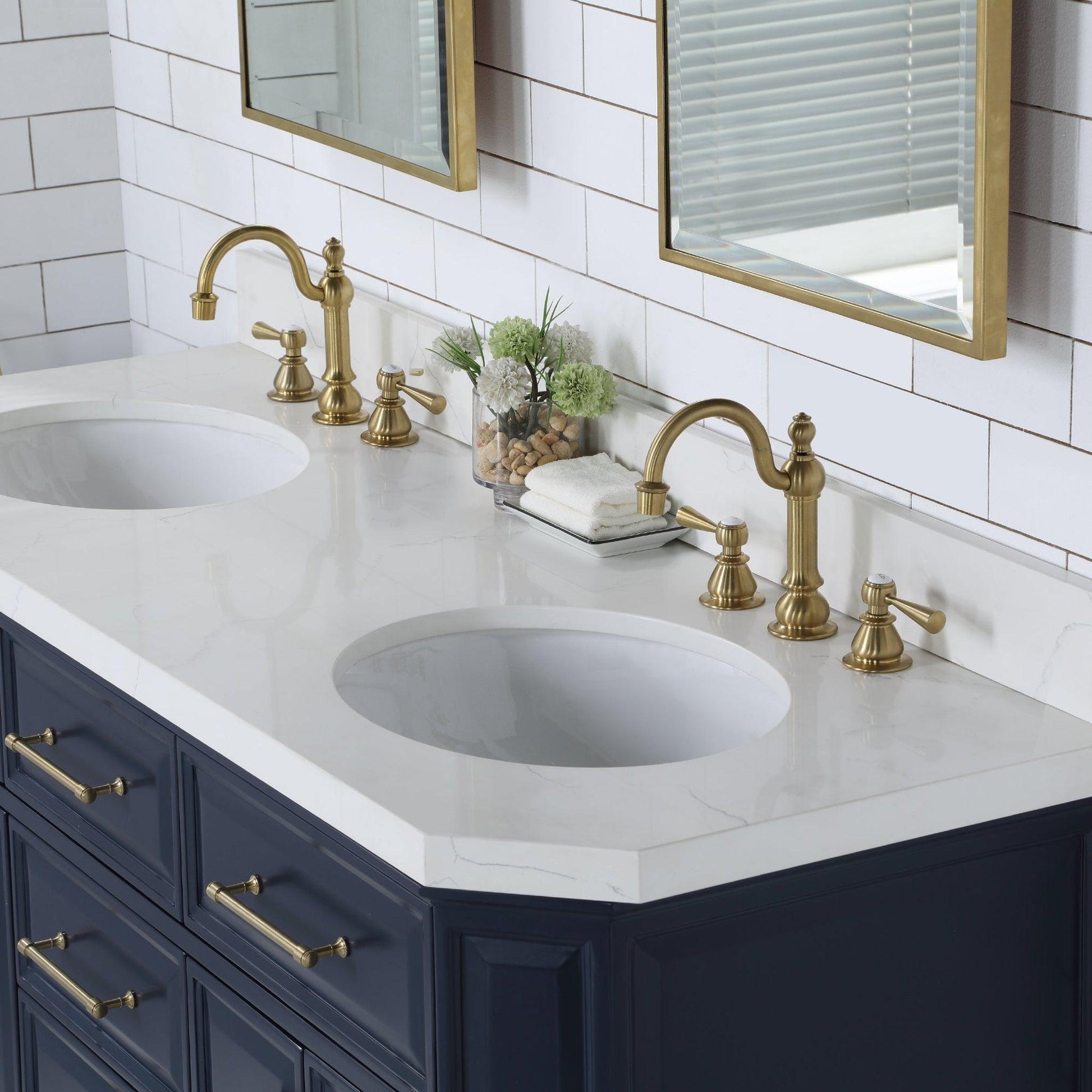 Water Creation Palace 60" Double Sink White Quartz Countertop Vanity in Monarch Blue with Hook Faucets