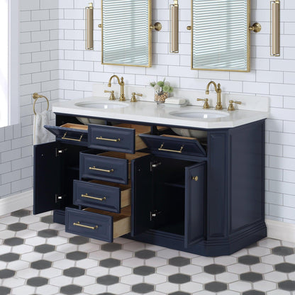 Water Creation Palace 60" Double Sink White Quartz Countertop Vanity in Monarch Blue with Hook Faucets