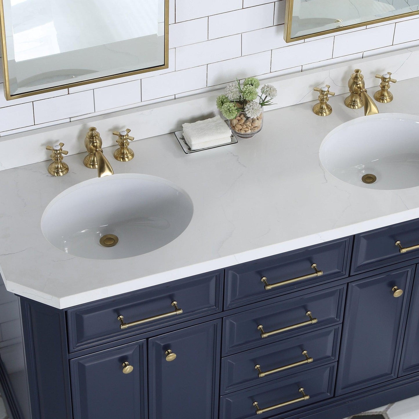 Water Creation Palace 60" Double Sink White Quartz Countertop Vanity in Monarch Blue with Waterfall Faucets