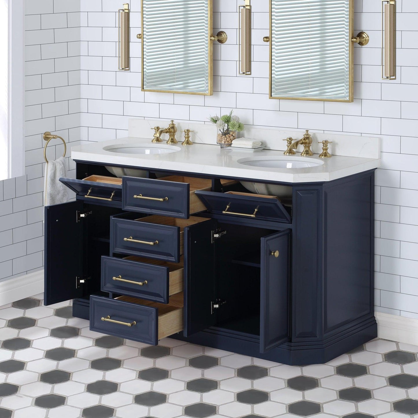 Water Creation Palace 60" Double Sink White Quartz Countertop Vanity in Monarch Blue with Waterfall Faucets