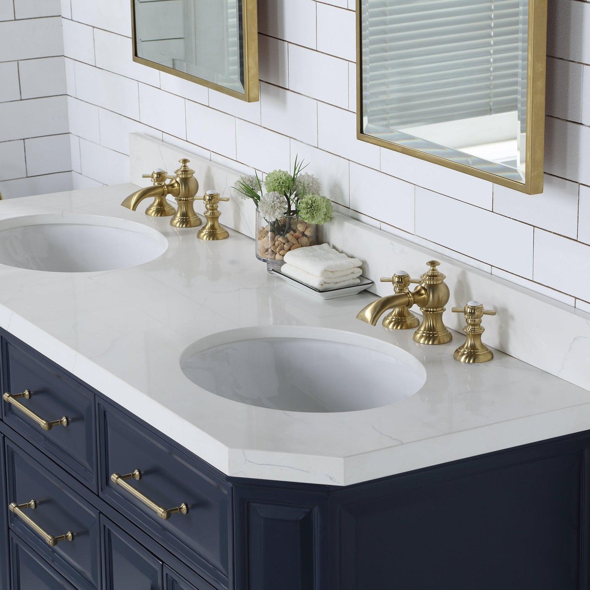 Water Creation Palace 60" Double Sink White Quartz Countertop Vanity in Monarch Blue with Waterfall Faucets and Mirrors