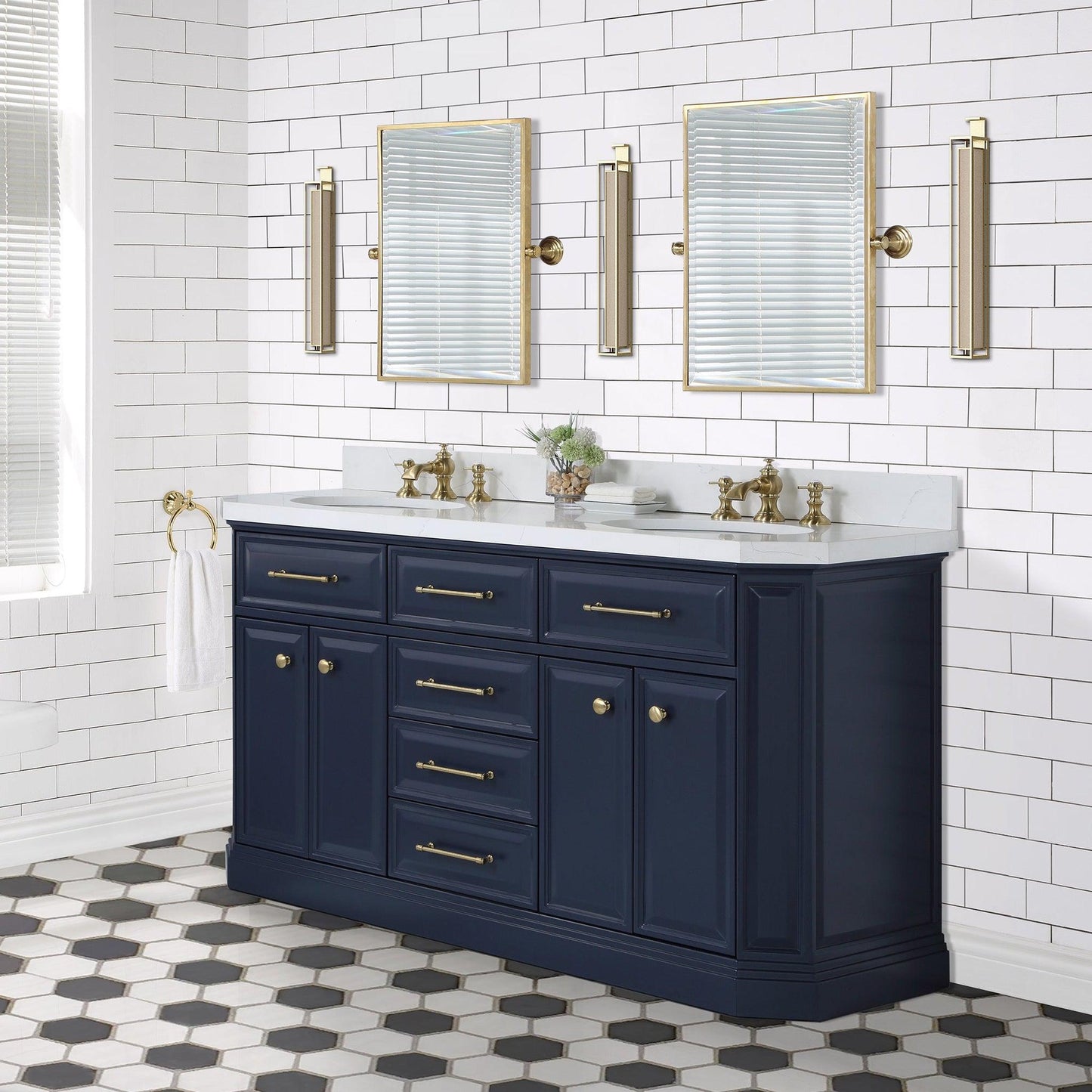 Water Creation Palace 60" Double Sink White Quartz Countertop Vanity in Monarch Blue with Waterfall Faucets and Mirrors