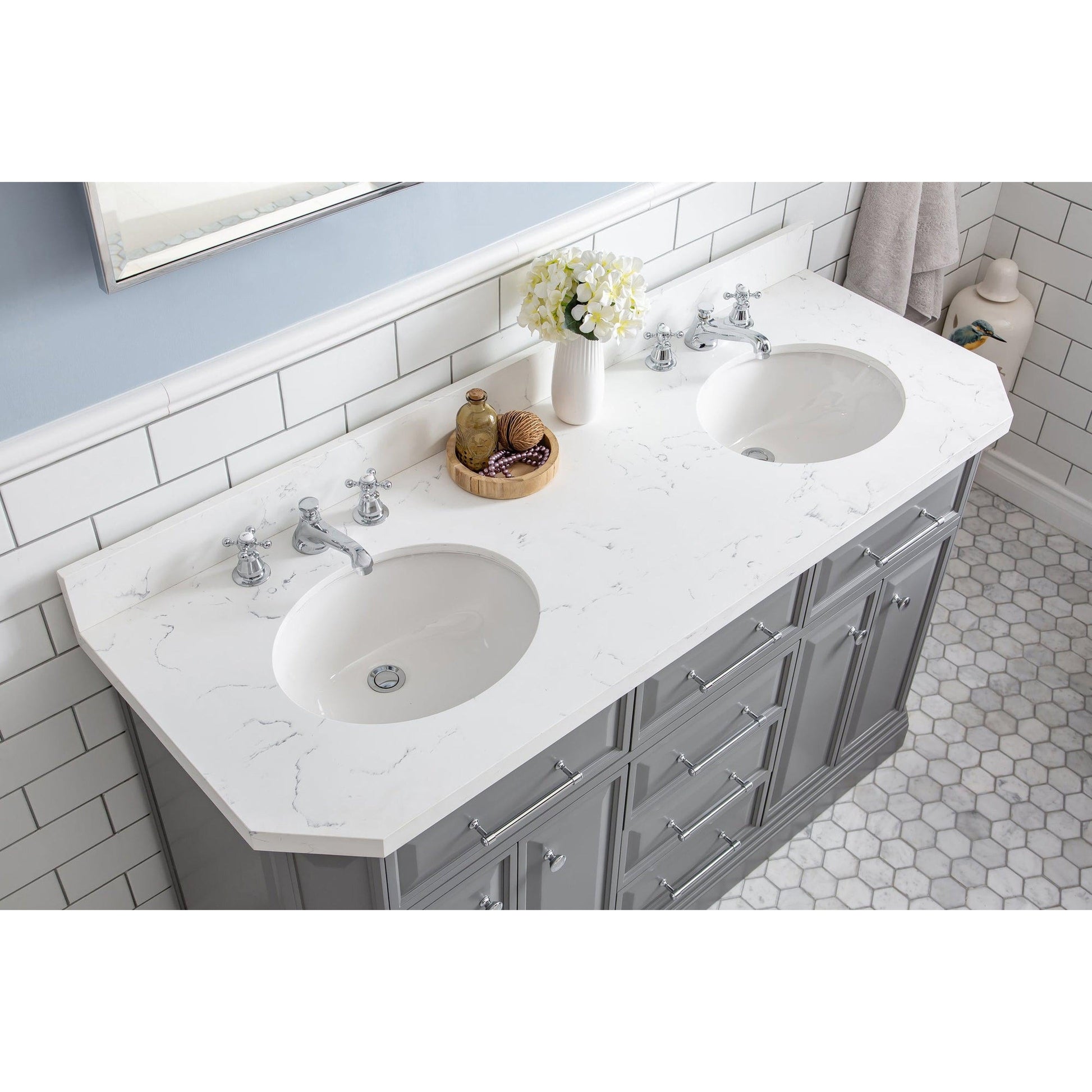 Water Creation Palace 60" Quartz Carrara Cashmere Grey Bathroom Vanity Set With Hardware And F2-0009 Faucets, Mirror in Chrome Finish