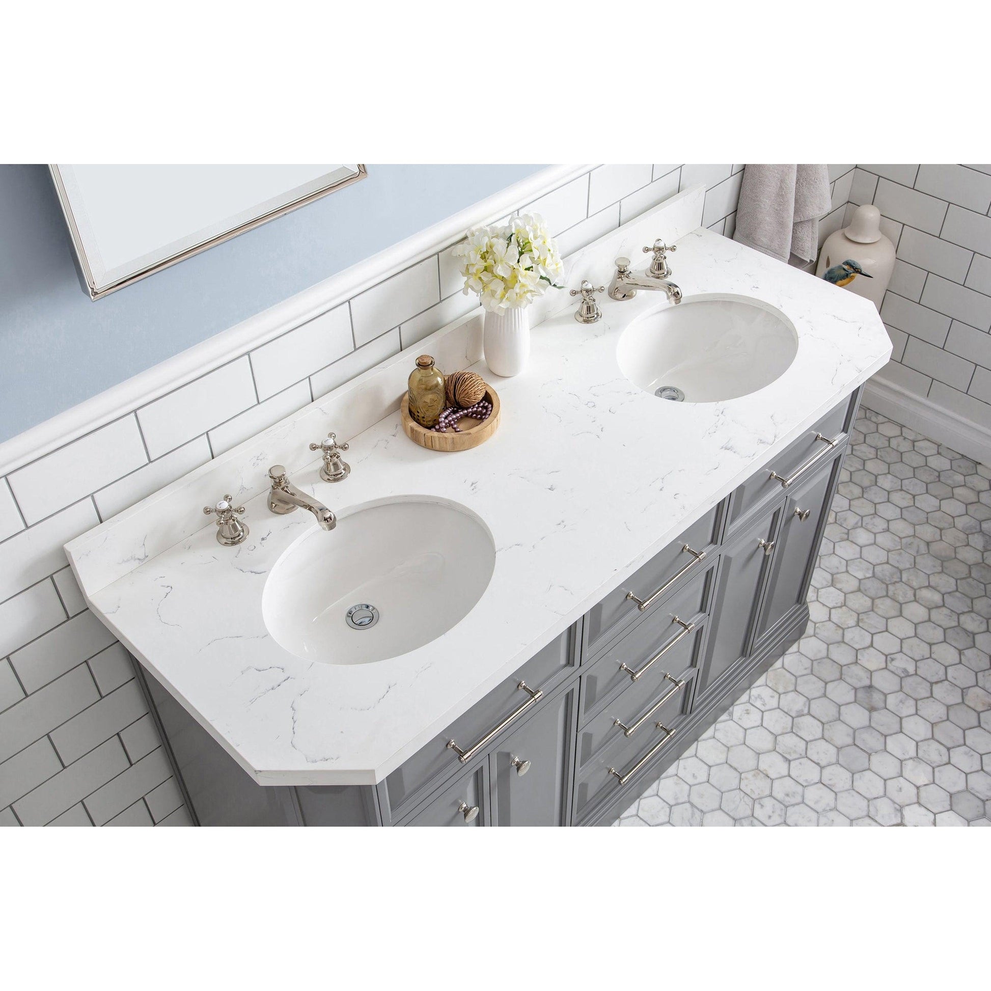 Water Creation Palace 60" Quartz Carrara Cashmere Grey Bathroom Vanity Set With Hardware And F2-0009 Faucets in Polished Nickel (PVD) Finish