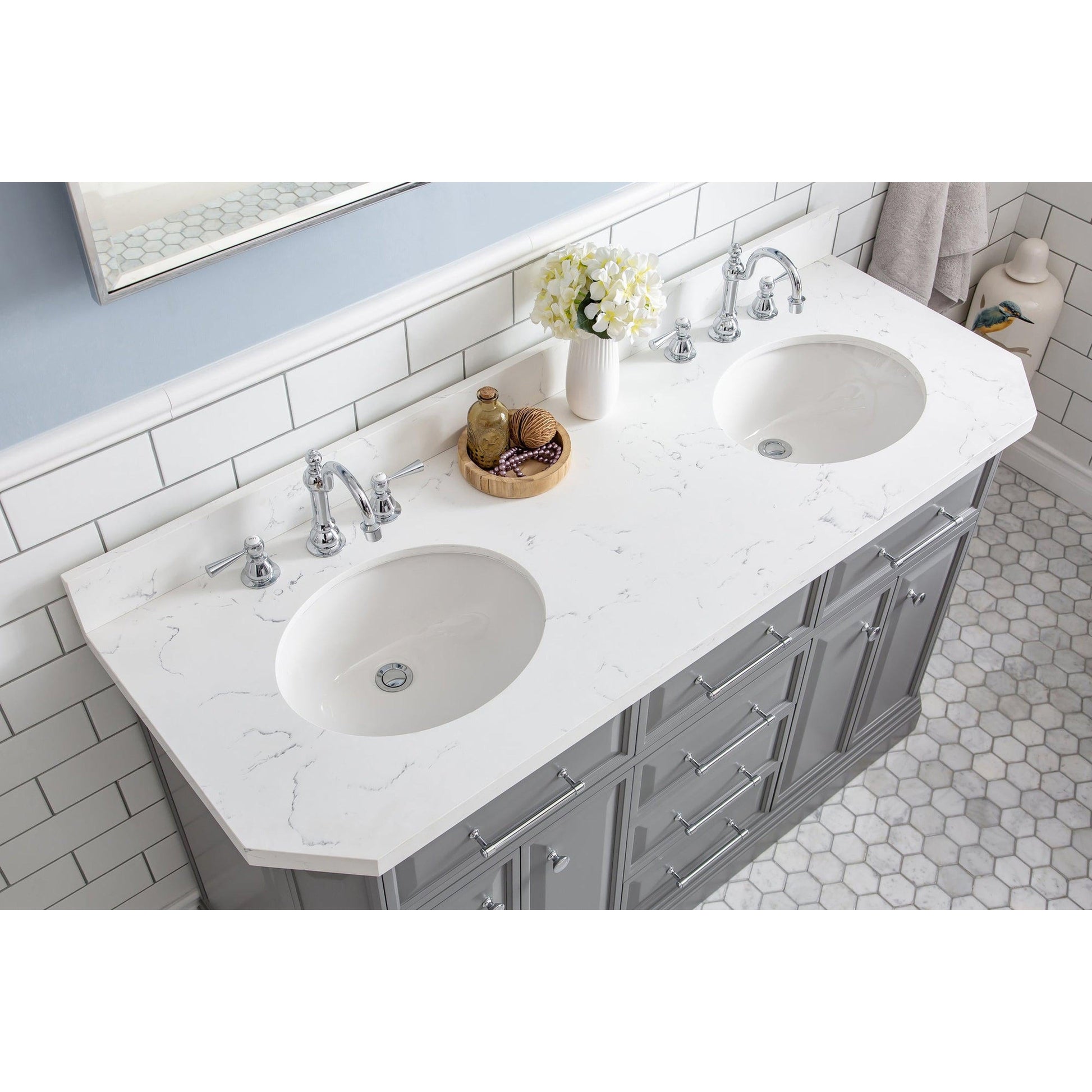 Water Creation Palace 60" Quartz Carrara Cashmere Grey Bathroom Vanity Set With Hardware And F2-0012 Faucets in Chrome Finish