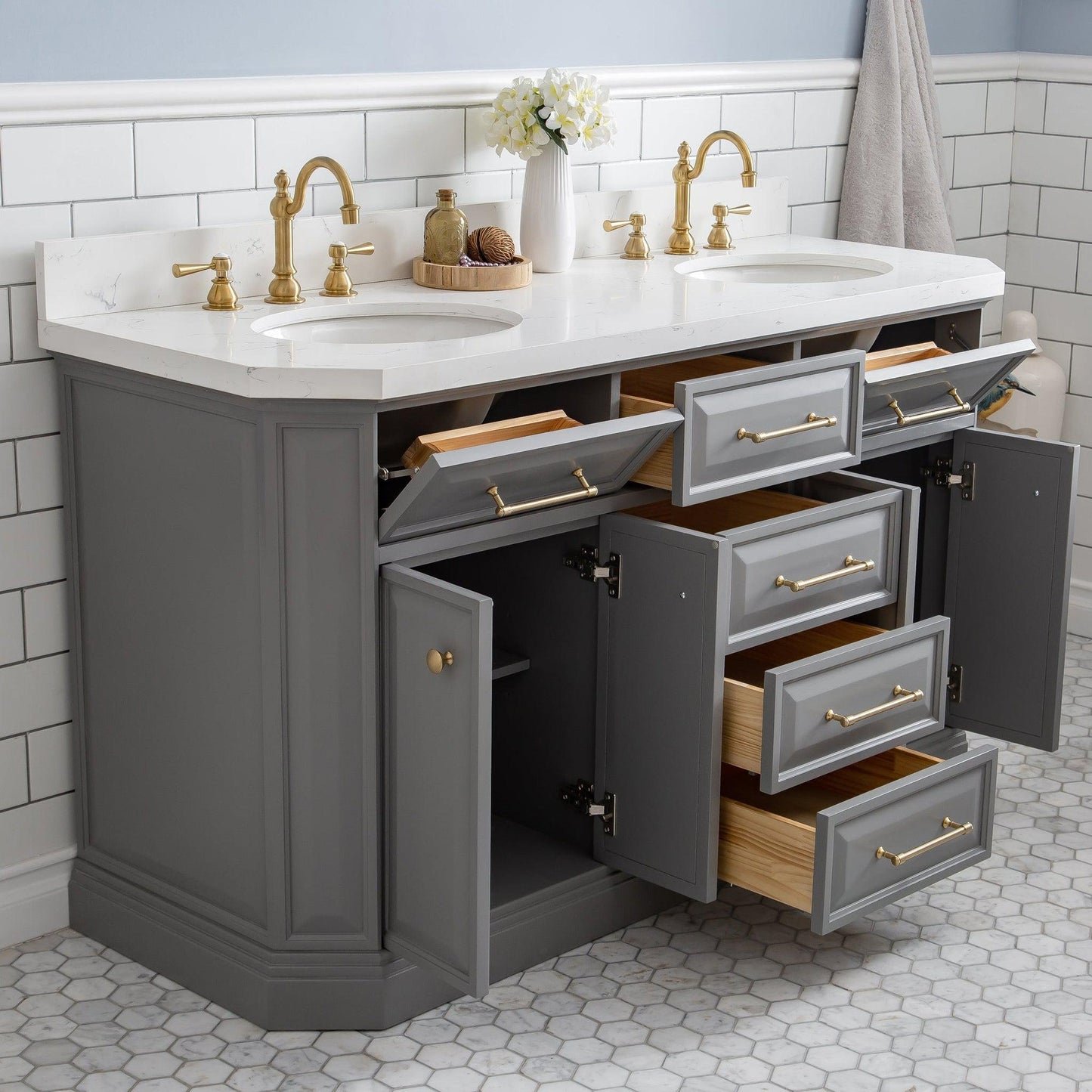 Water Creation Palace 60" Quartz Carrara Cashmere Grey Bathroom Vanity Set With Hardware And F2-0012 Faucets in Satin Gold Finish And Only Mirrors in Chrome Finish