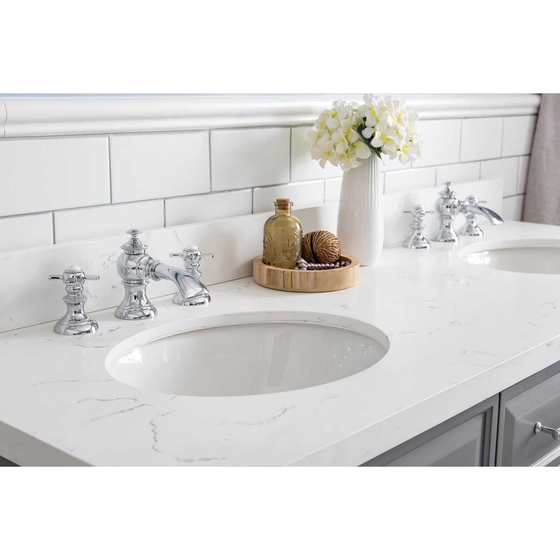 Water Creation Palace 60" Quartz Carrara Cashmere Grey Bathroom Vanity Set With Hardware And F2-0013 Faucets, Mirror in Chrome Finish