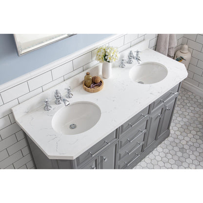 Water Creation Palace 60" Quartz Carrara Cashmere Grey Bathroom Vanity Set With Hardware And F2-0013 Faucets in Chrome Finish