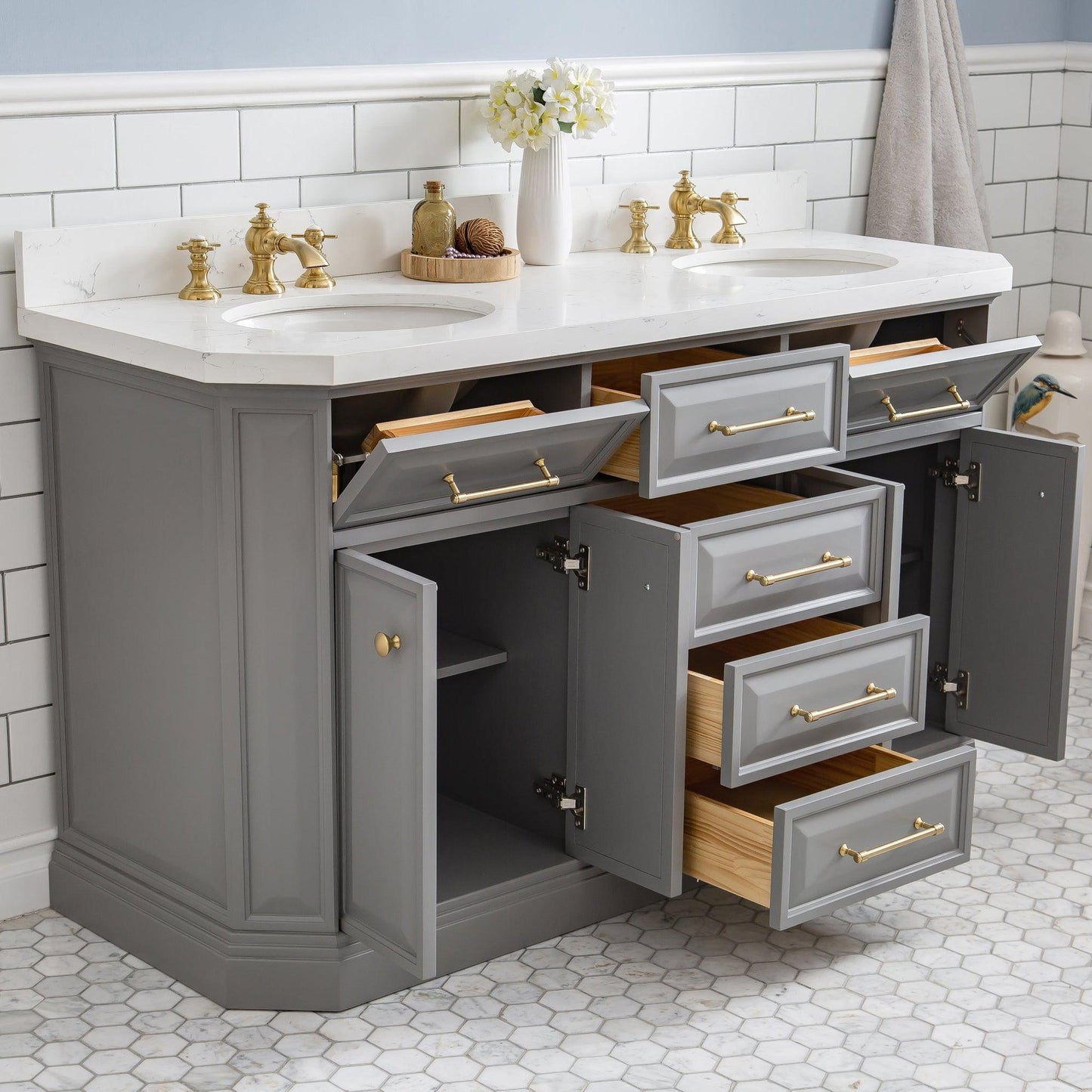 Water Creation Palace 60" Quartz Carrara Cashmere Grey Bathroom Vanity Set With Hardware And F2-0013 Faucets in Satin Gold Finish And Only Mirrors in Chrome Finish