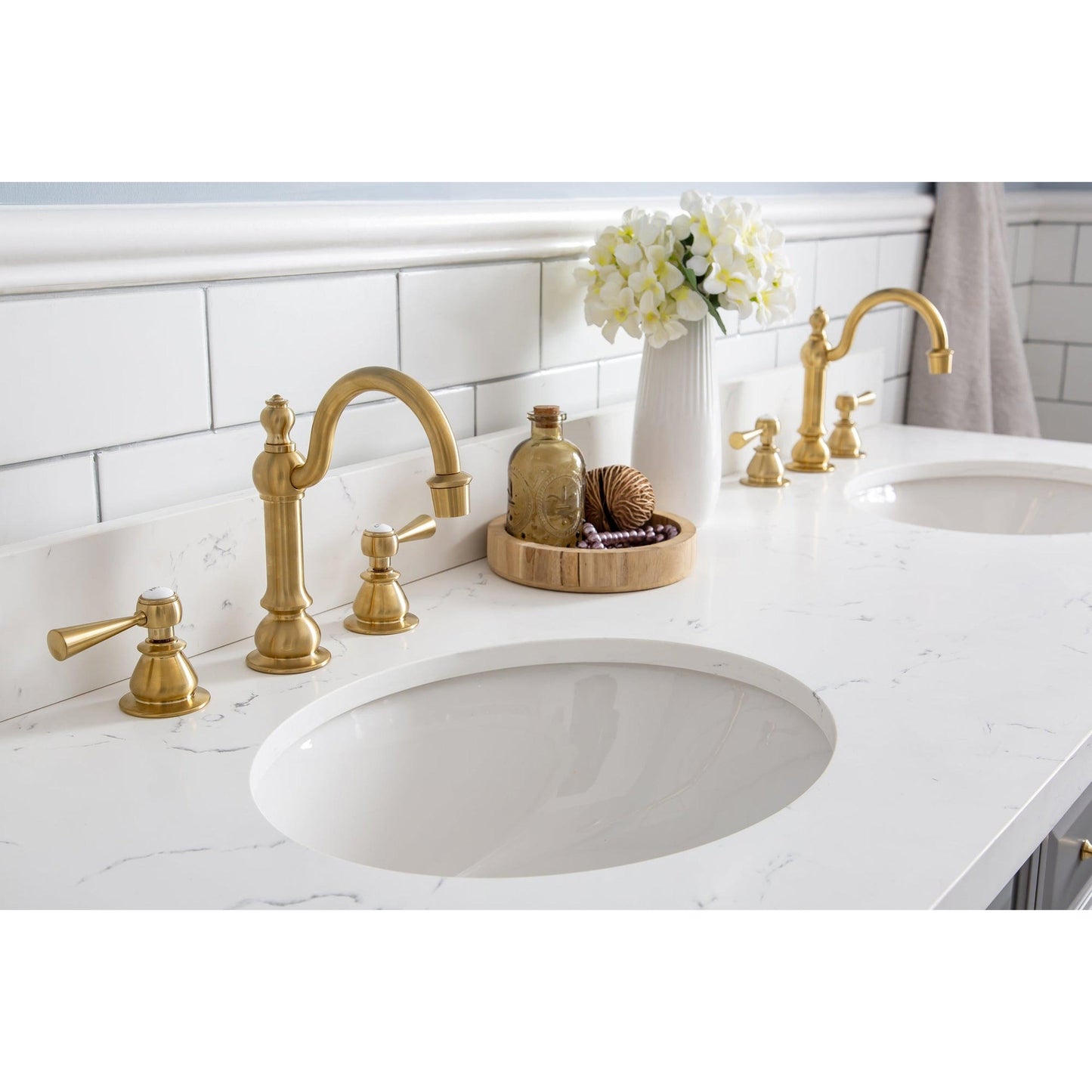 Water Creation Palace 60" Quartz Carrara Cashmere Grey Bathroom Vanity Set With Hardware, F2-0012 Faucets in Satin Gold Finish And Only Mirrors in Chrome Finish