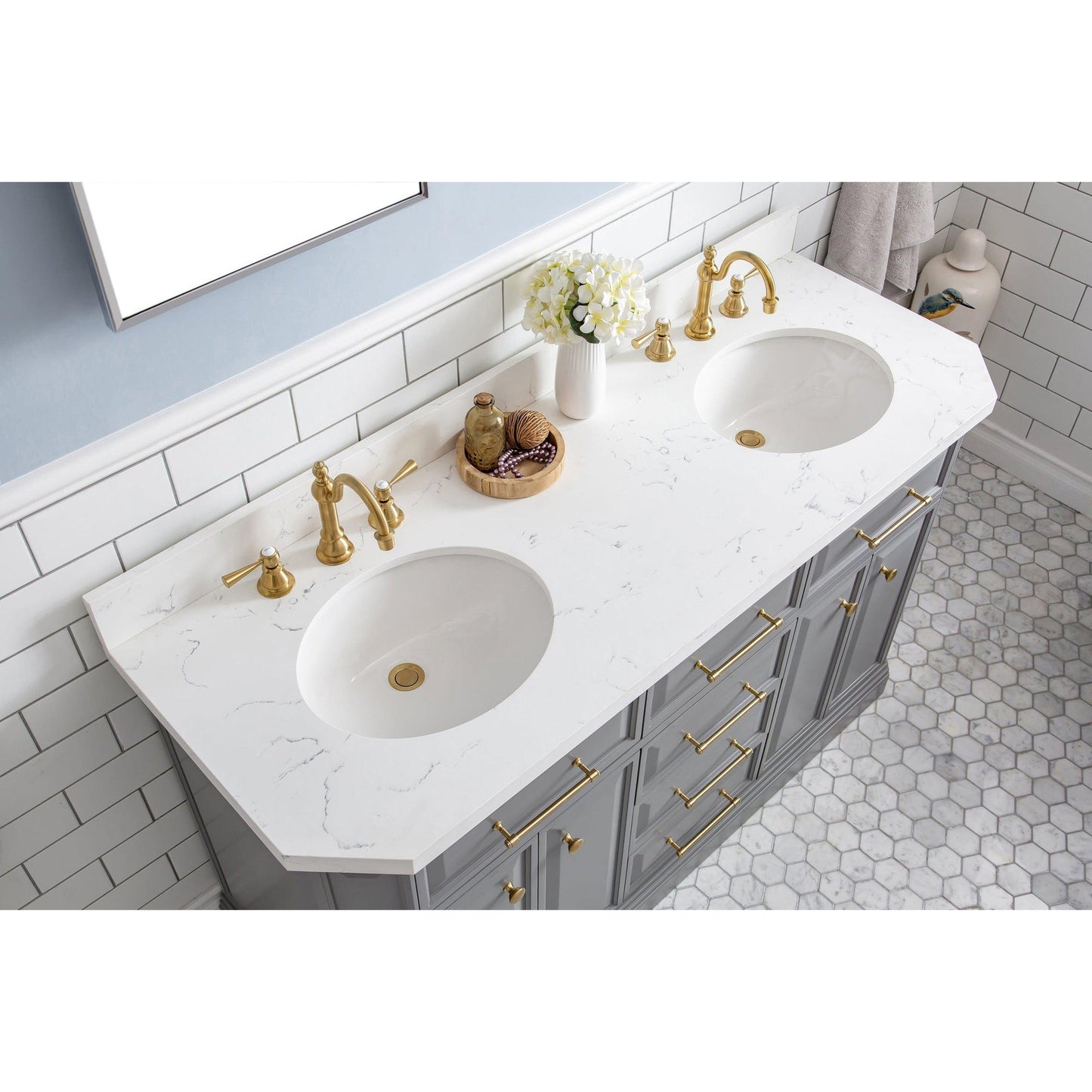 Water Creation Palace 60" Quartz Carrara Cashmere Grey Bathroom Vanity Set With Hardware, F2-0012 Faucets in Satin Gold Finish And Only Mirrors in Chrome Finish