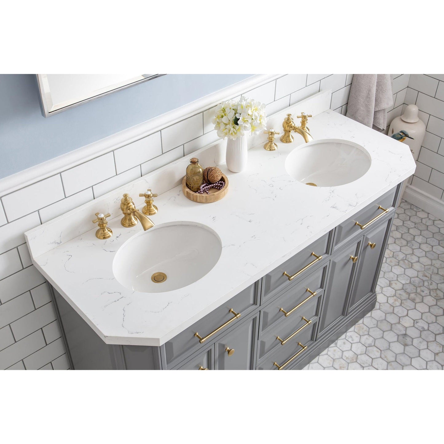 Water Creation Palace 60" Quartz Carrara Cashmere Grey Bathroom Vanity Set With Hardware, F2-0013 Faucets in Satin Gold Finish And Only Mirrors in Chrome Finish
