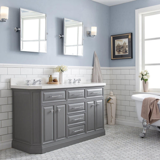Water Creation Palace 60" Quartz Carrara Cashmere Grey Bathroom Vanity Set With Hardware, Mirror in Chrome Finish