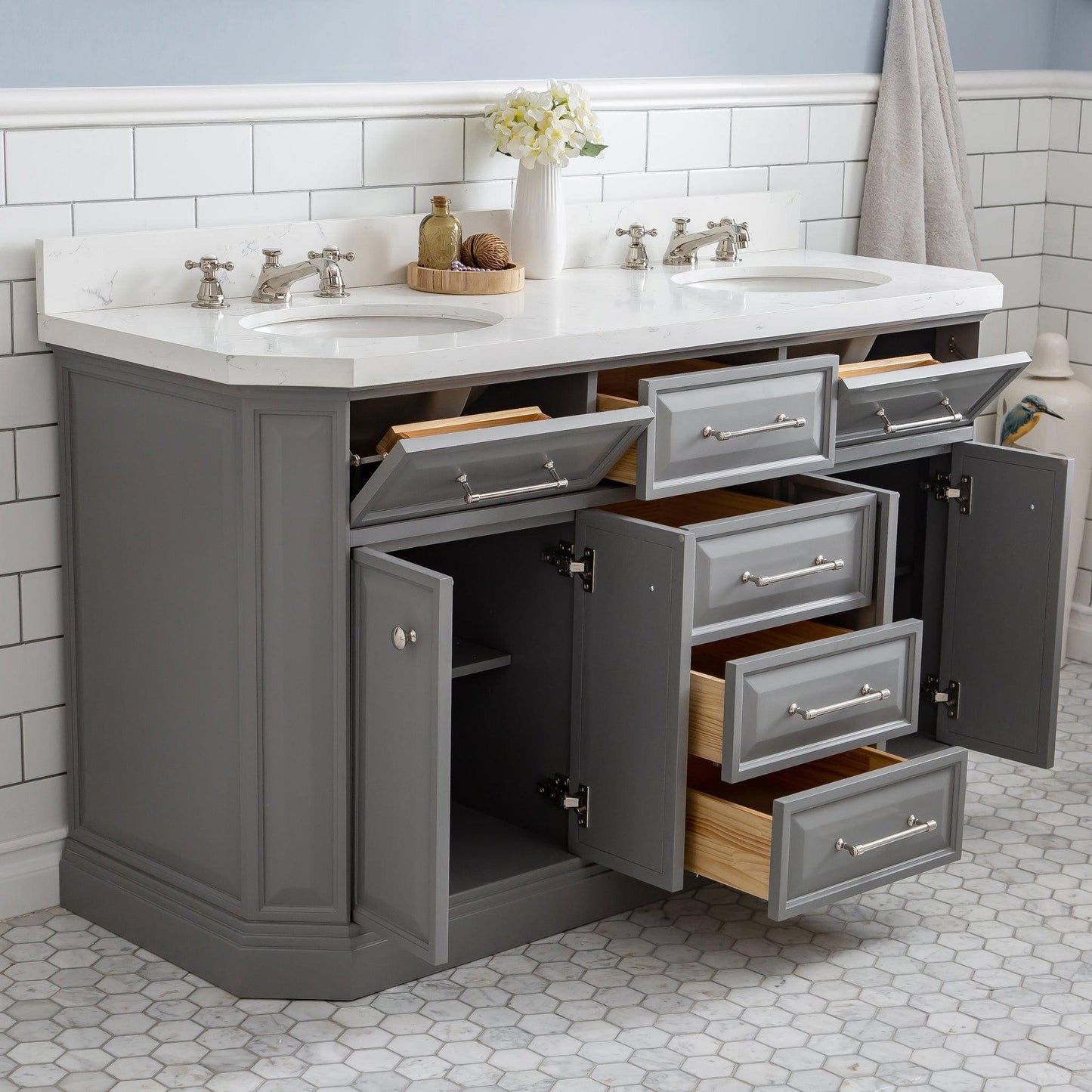 Water Creation Palace 60" Quartz Carrara Cashmere Grey Bathroom Vanity Set With Hardware in Polished Nickel (PVD) Finish