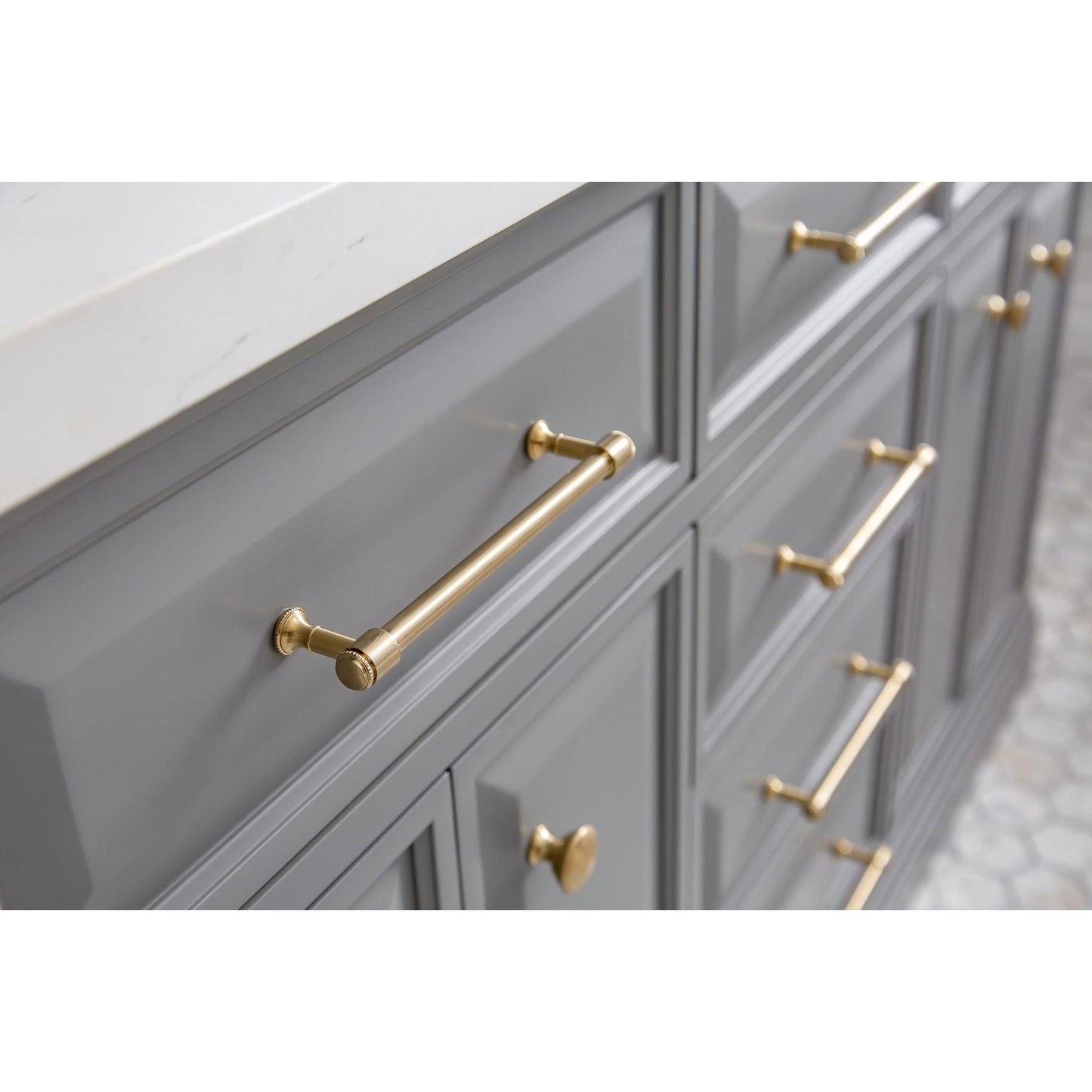 Water Creation Palace 60" Quartz Carrara Cashmere Grey Bathroom Vanity Set With Hardware in Satin Gold Finish And Only Mirrors in Chrome Finish