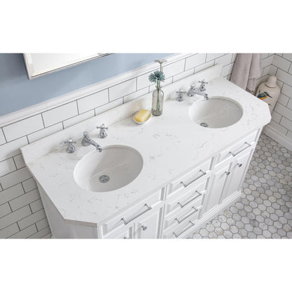 Water Creation Palace 60" Quartz Carrara Pure White Bathroom Vanity Set With Hardware And F2-0009 Faucets, Mirror in Chrome Finish