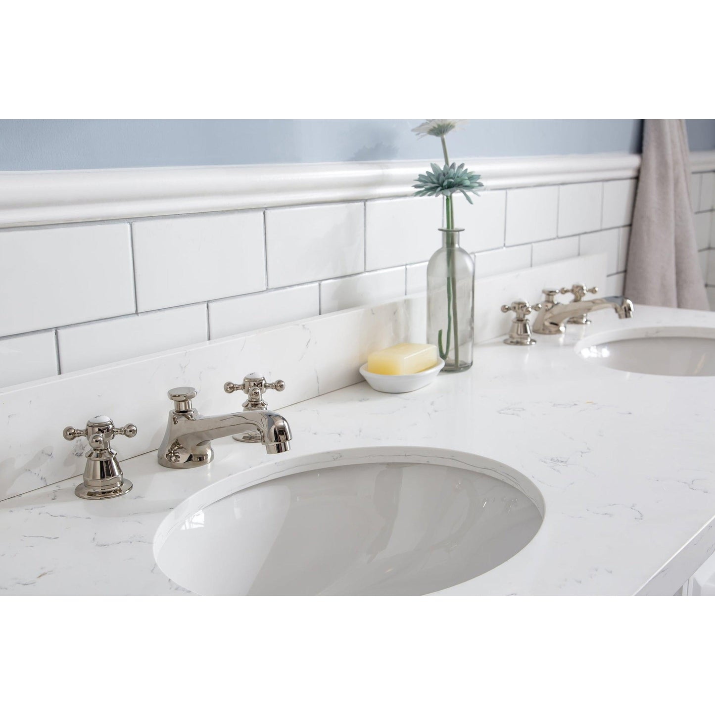 Water Creation Palace 60" Quartz Carrara Pure White Bathroom Vanity Set With Hardware And F2-0009 Faucets, Mirror in Polished Nickel (PVD) Finish
