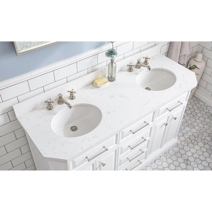 Water Creation Palace 60" Quartz Carrara Pure White Bathroom Vanity Set With Hardware And F2-0009 Faucets, Mirror in Polished Nickel (PVD) Finish