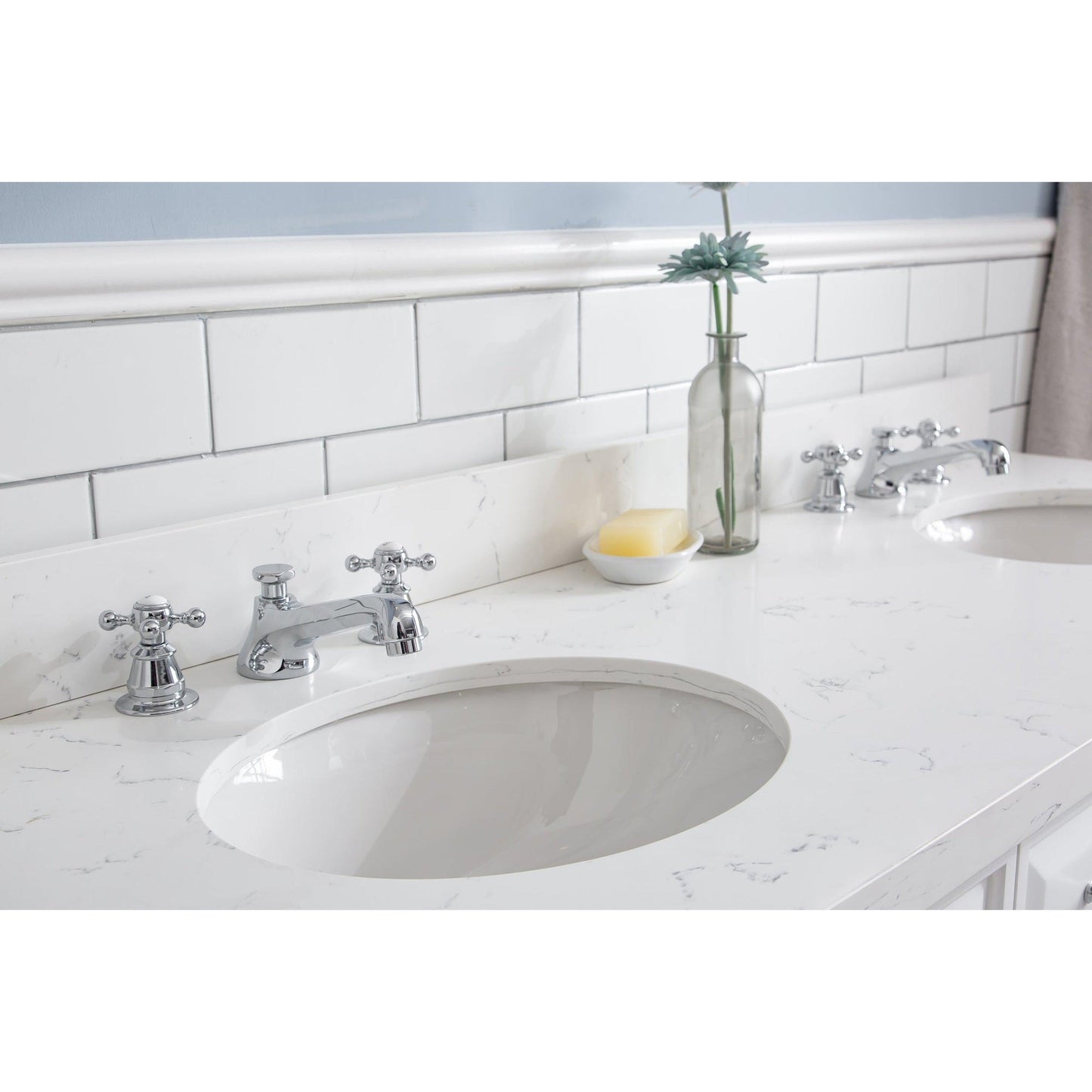 Water Creation Palace 60" Quartz Carrara Pure White Bathroom Vanity Set With Hardware And F2-0009 Faucets in Chrome Finish