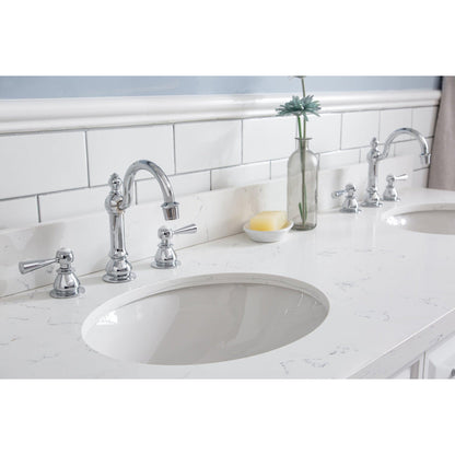 Water Creation Palace 60" Quartz Carrara Pure White Bathroom Vanity Set With Hardware And F2-0012 Faucets, Mirror in Chrome Finish