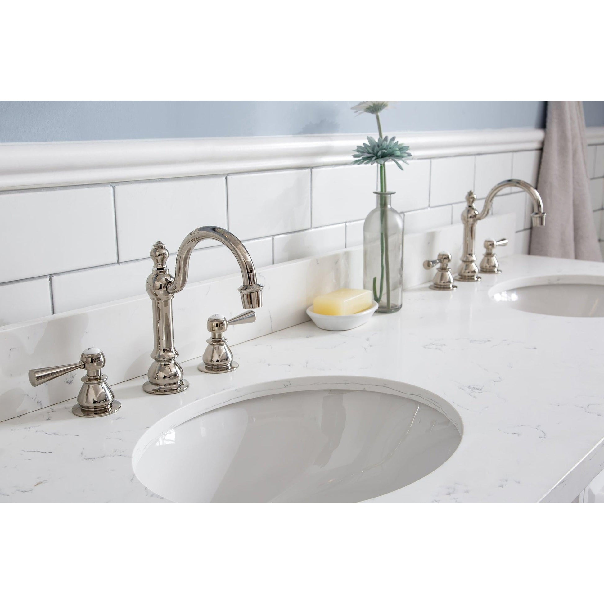 Water Creation Palace 60" Quartz Carrara Pure White Bathroom Vanity Set With Hardware And F2-0012 Faucets, Mirror in Polished Nickel (PVD) Finish