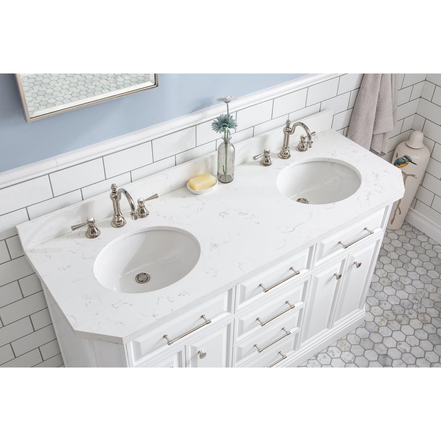 Water Creation Palace 60" Quartz Carrara Pure White Bathroom Vanity Set With Hardware And F2-0012 Faucets, Mirror in Polished Nickel (PVD) Finish
