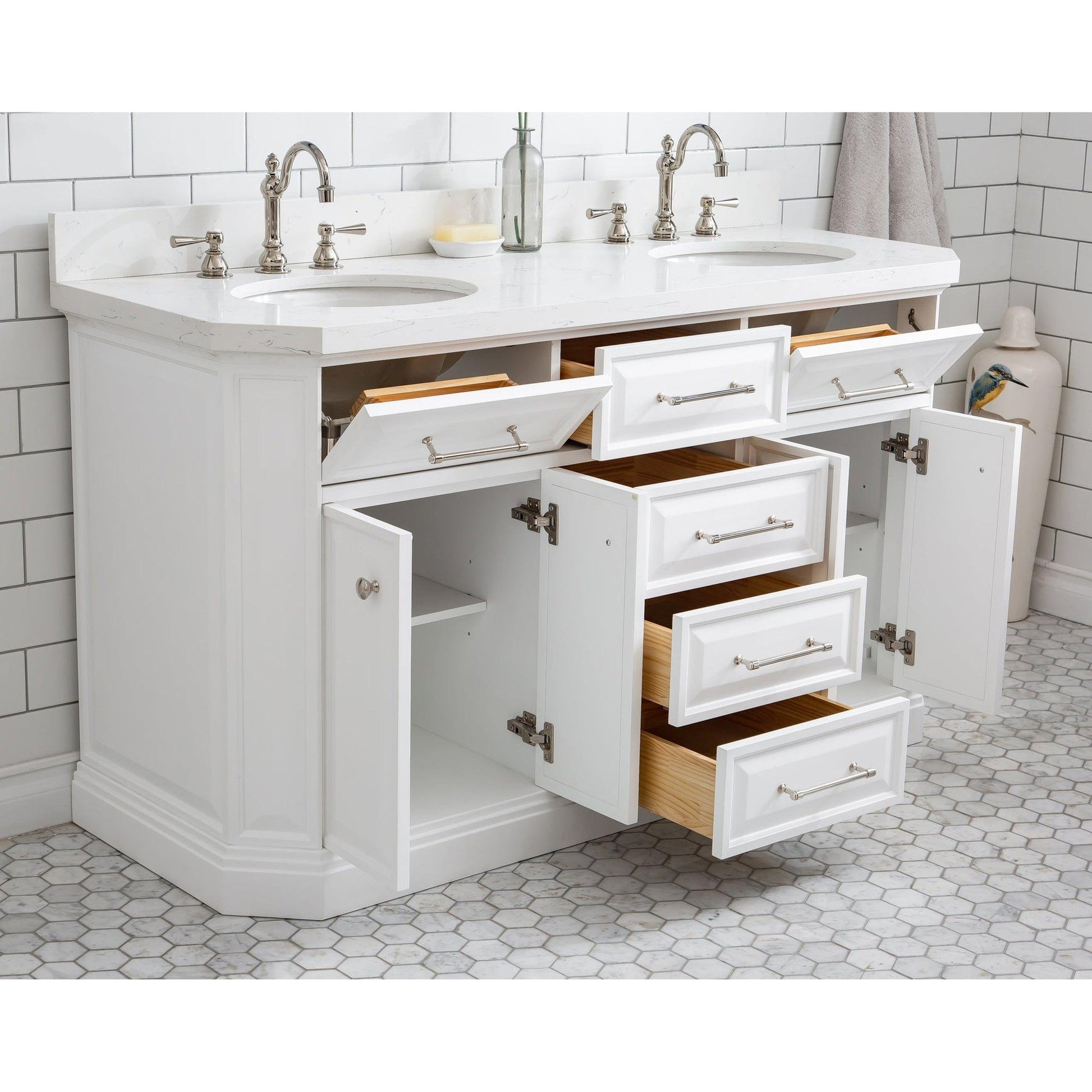 Water Creation Palace 60" Quartz Carrara Pure White Bathroom Vanity Set With Hardware And F2-0012 Faucets, Mirror in Polished Nickel (PVD) Finish