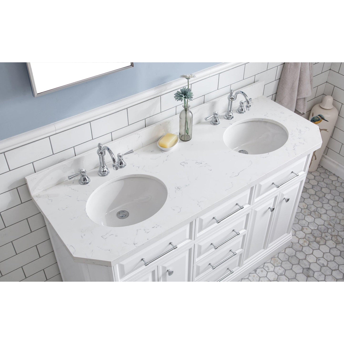 Water Creation Palace 60" Quartz Carrara Pure White Bathroom Vanity Set With Hardware And F2-0012 Faucets in Chrome Finish