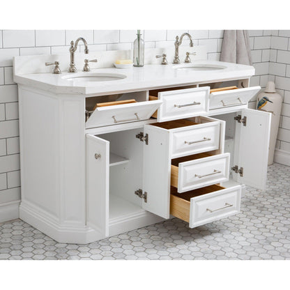 Water Creation Palace 60" Quartz Carrara Pure White Bathroom Vanity Set With Hardware And F2-0012 Faucets in Polished Nickel (PVD) Finish