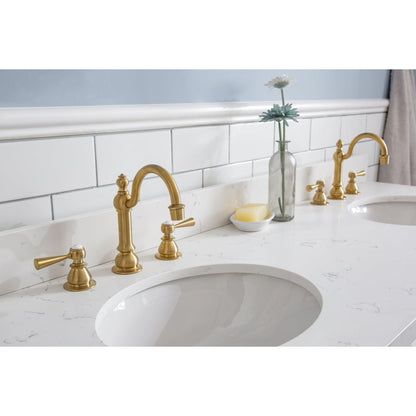 Water Creation Palace 60" Quartz Carrara Pure White Bathroom Vanity Set With Hardware And F2-0012 Faucets in Satin Gold Finish And Mirrors in Chrome Finish