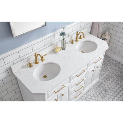 Water Creation Palace 60" Quartz Carrara Pure White Bathroom Vanity Set With Hardware And F2-0012 Faucets in Satin Gold Finish And Mirrors in Chrome Finish