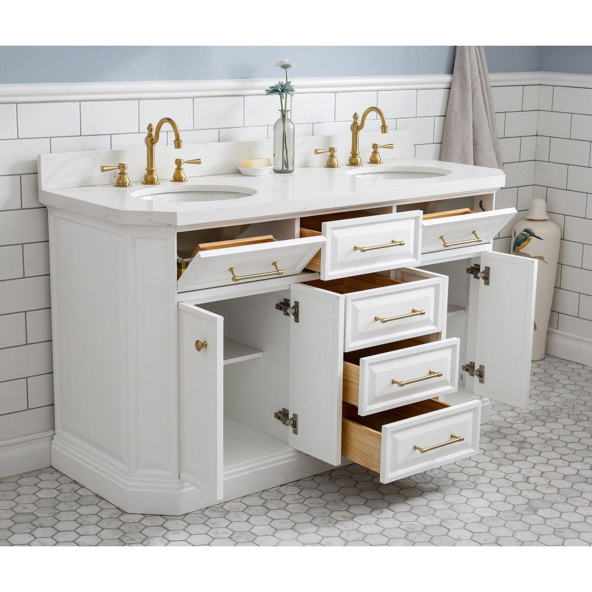 Water Creation Palace 60" Quartz Carrara Pure White Bathroom Vanity Set With Hardware And F2-0012 Faucets in Satin Gold Finish And Mirrors in Chrome Finish