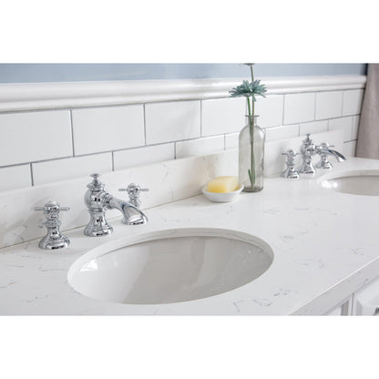 Water Creation Palace 60" Quartz Carrara Pure White Bathroom Vanity Set With Hardware And F2-0013 Faucets, Mirror in Chrome Finish