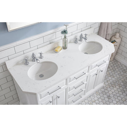 Water Creation Palace 60" Quartz Carrara Pure White Bathroom Vanity Set With Hardware And F2-0013 Faucets, Mirror in Chrome Finish