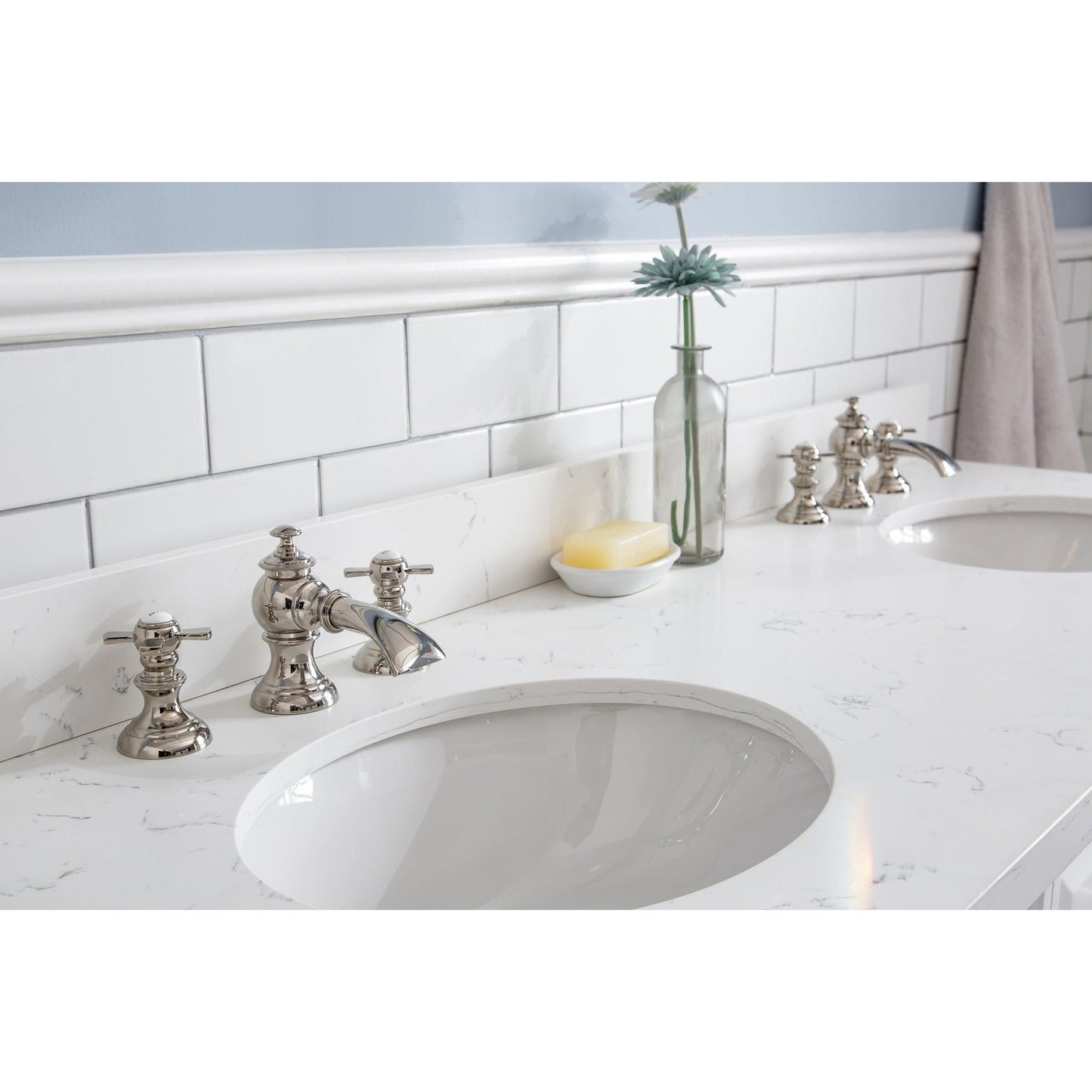 Water Creation Palace 60" Quartz Carrara Pure White Bathroom Vanity Set With Hardware And F2-0013 Faucets, Mirror in Polished Nickel (PVD) Finish