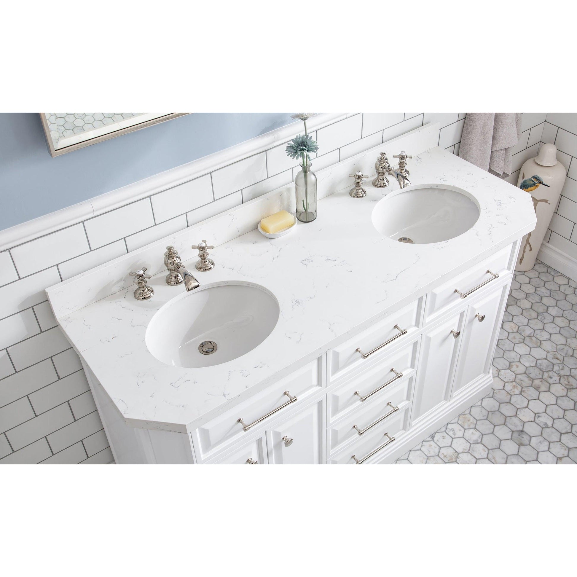 Water Creation Palace 60" Quartz Carrara Pure White Bathroom Vanity Set With Hardware And F2-0013 Faucets, Mirror in Polished Nickel (PVD) Finish