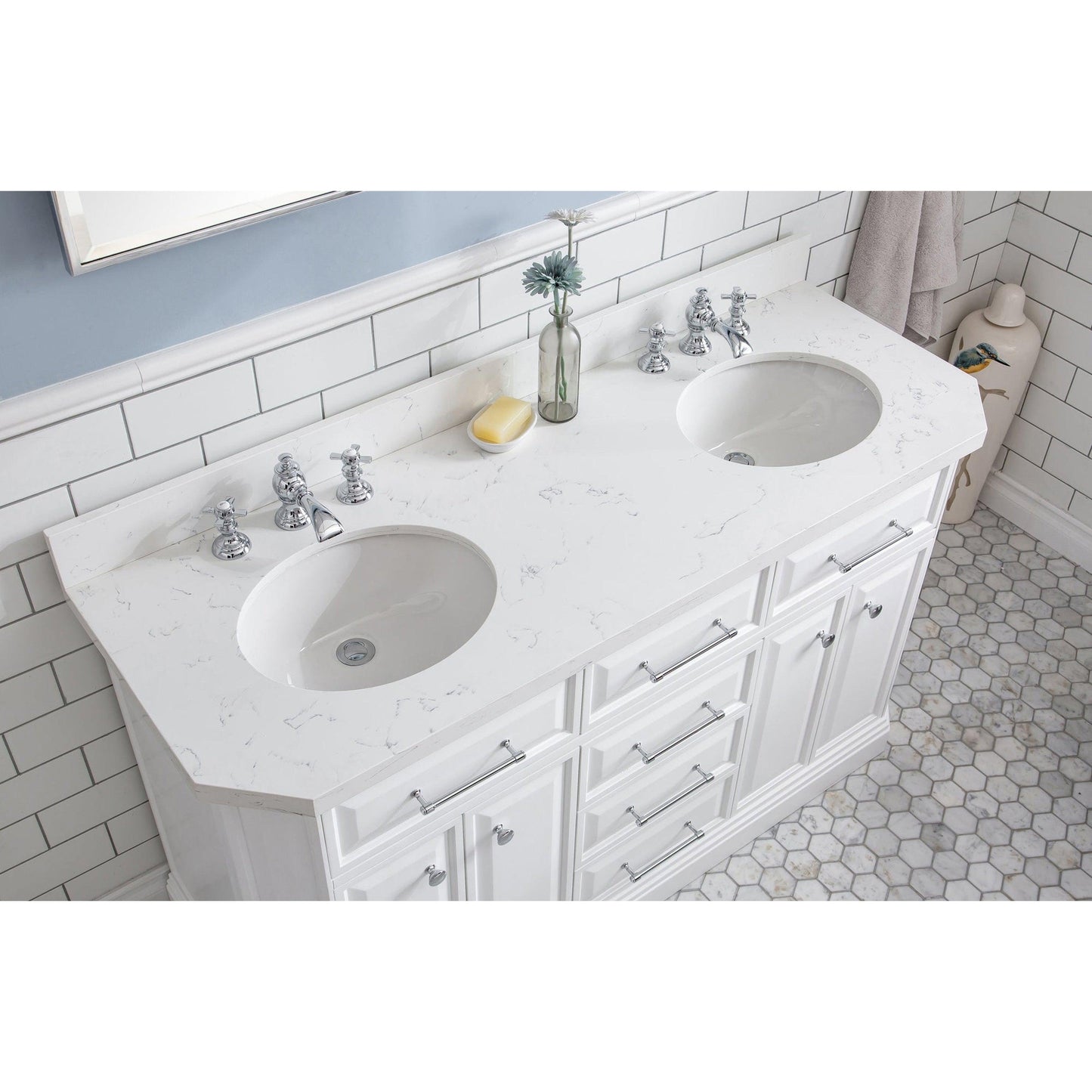 Water Creation Palace 60" Quartz Carrara Pure White Bathroom Vanity Set With Hardware And F2-0013 Faucets in Chrome Finish