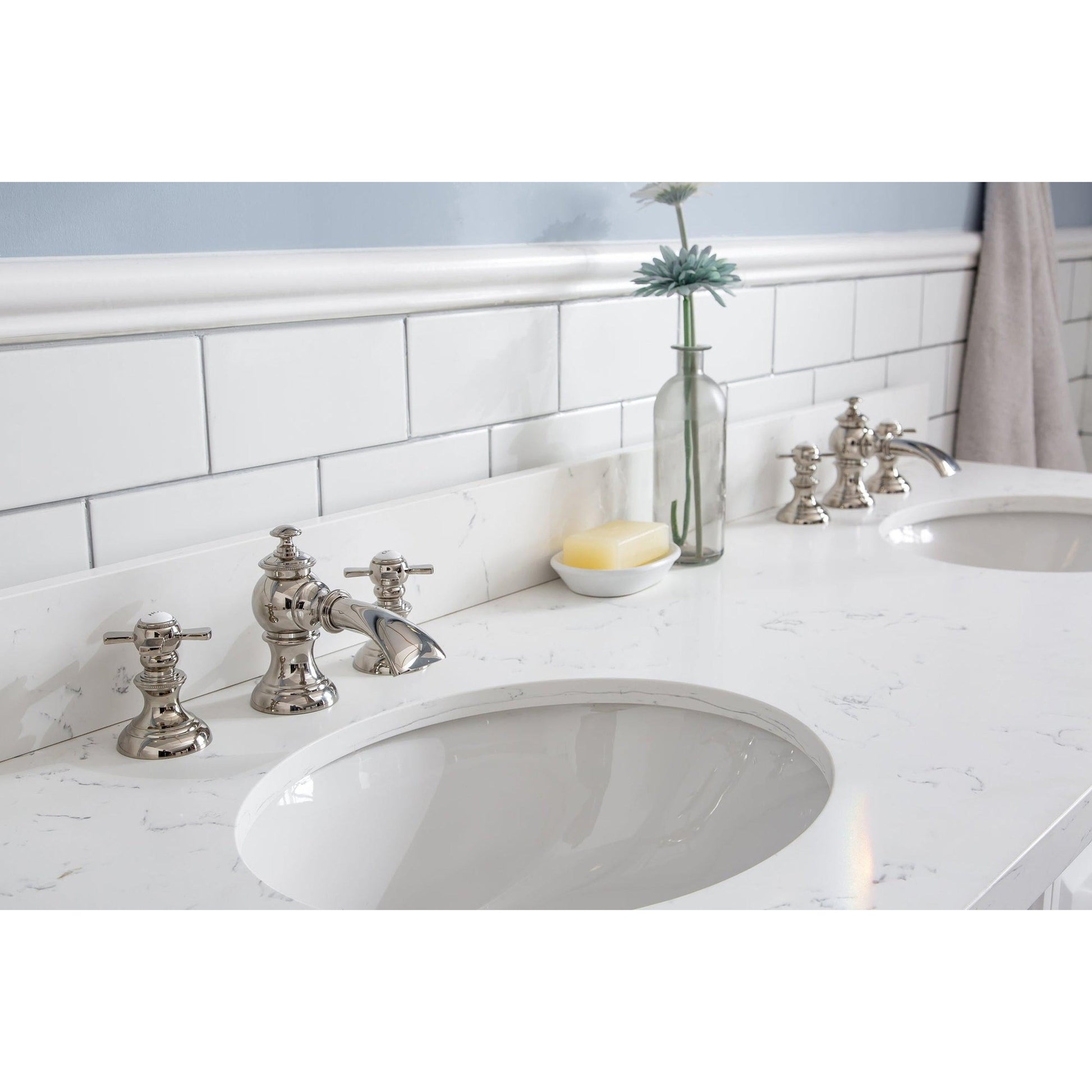 Water Creation Palace 60" Quartz Carrara Pure White Bathroom Vanity Set With Hardware And F2-0013 Faucets in Polished Nickel (PVD) Finish