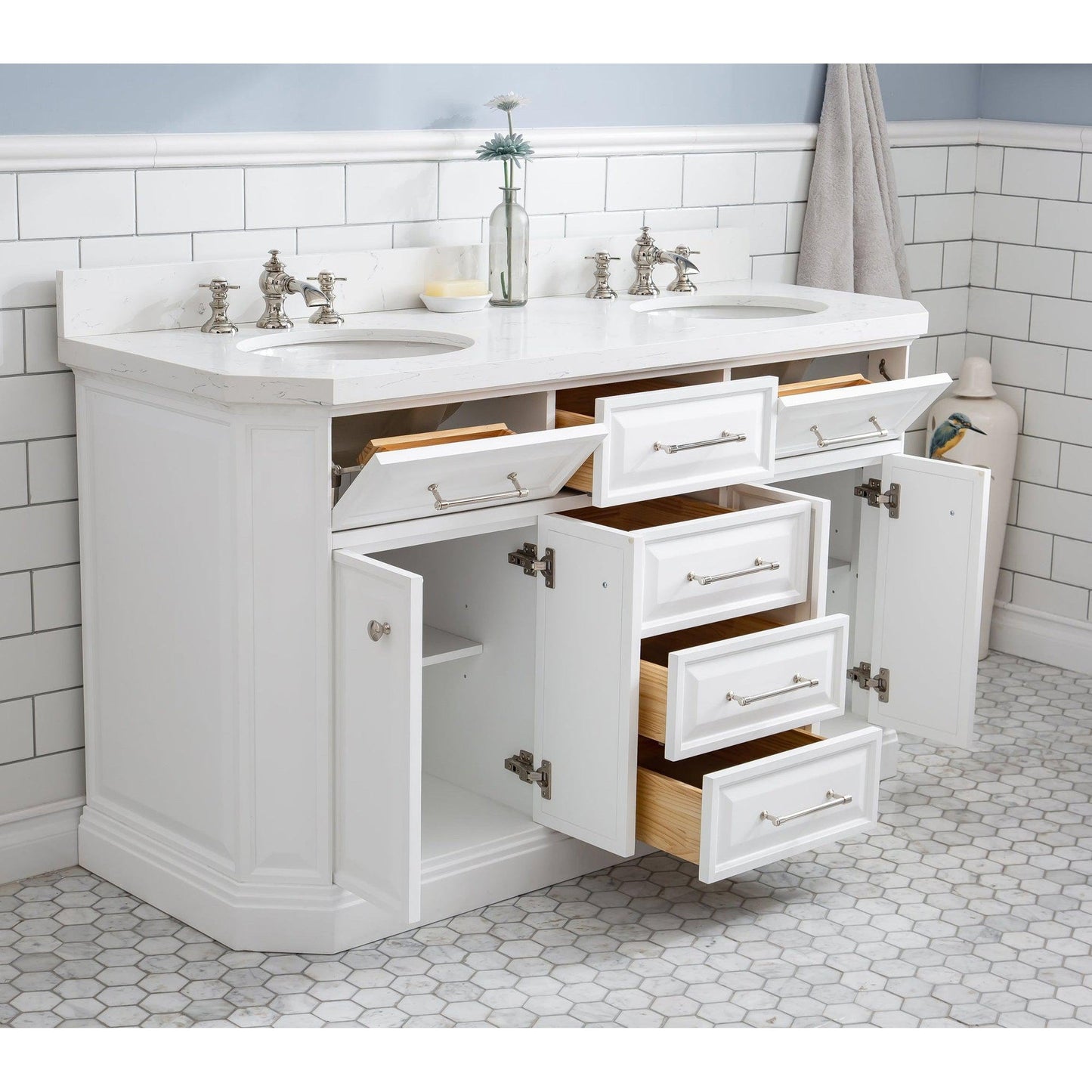 Water Creation Palace 60" Quartz Carrara Pure White Bathroom Vanity Set With Hardware And F2-0013 Faucets in Polished Nickel (PVD) Finish