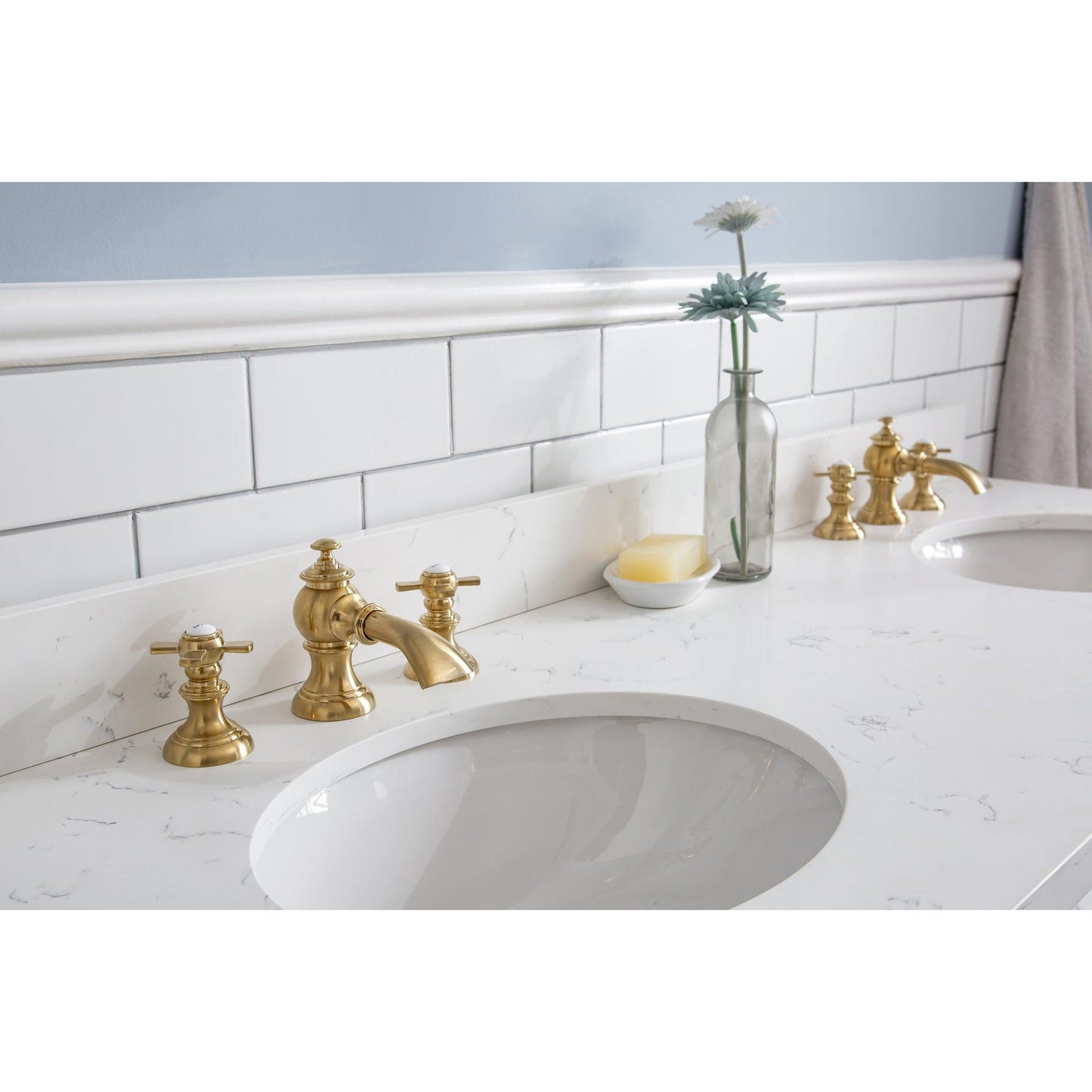 Water Creation Palace 60" Quartz Carrara Pure White Bathroom Vanity Set With Hardware And F2-0013 Faucets in Satin Gold Finish And Mirrors in Chrome Finish