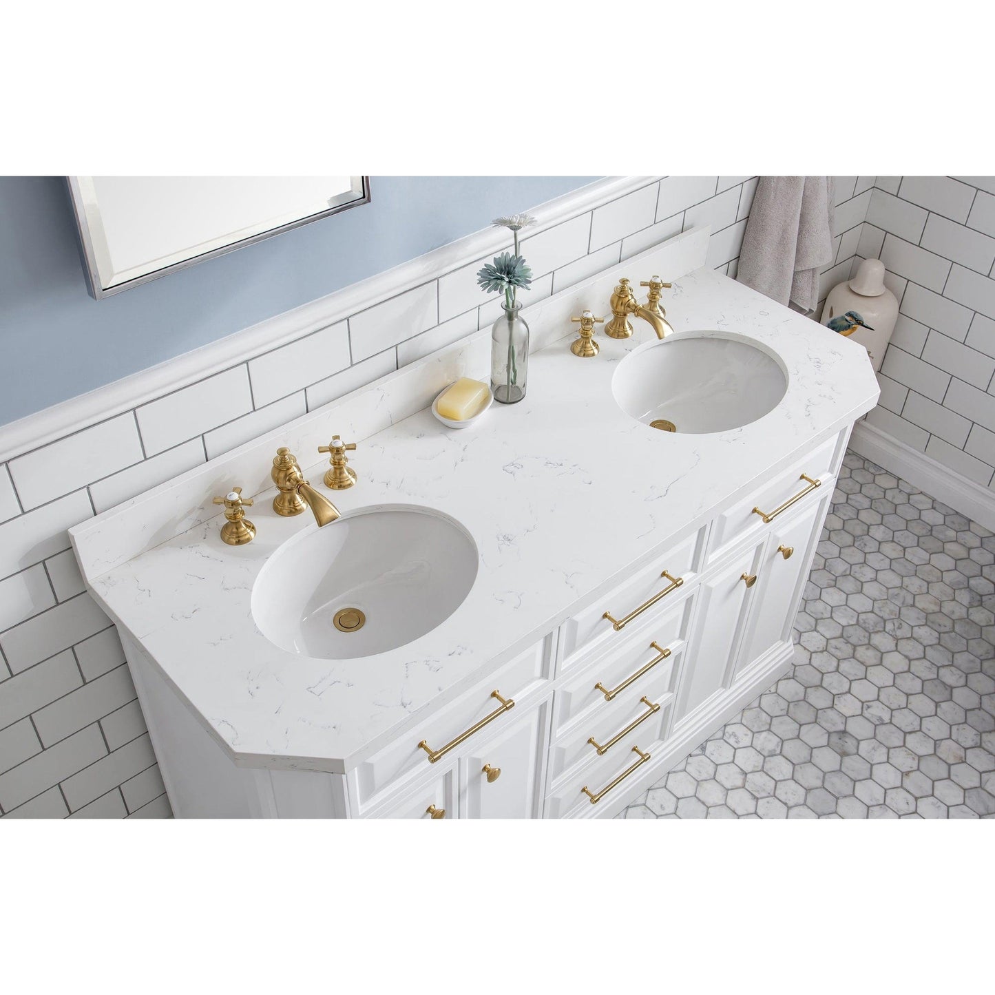 Water Creation Palace 60" Quartz Carrara Pure White Bathroom Vanity Set With Hardware And F2-0013 Faucets in Satin Gold Finish And Mirrors in Chrome Finish