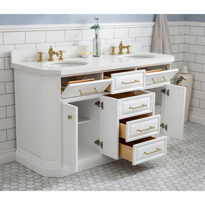 Water Creation Palace 60" Quartz Carrara Pure White Bathroom Vanity Set With Hardware And F2-0013 Faucets in Satin Gold Finish And Mirrors in Chrome Finish