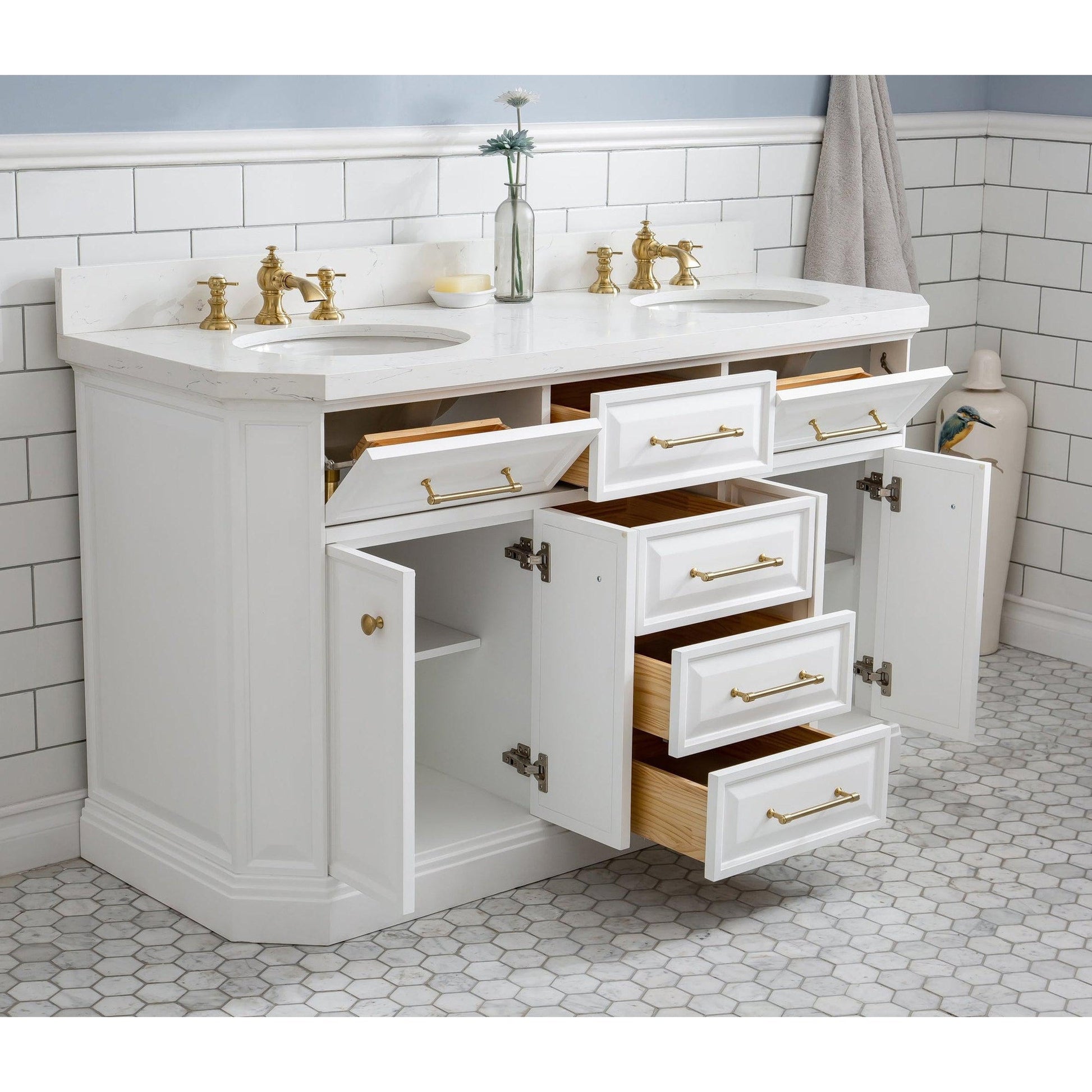 Water Creation Palace 60" Quartz Carrara Pure White Bathroom Vanity Set With Hardware And F2-0013 Faucets in Satin Gold Finish And Only Mirrors in Chrome Finish