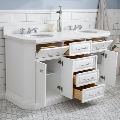 Water Creation Palace 60" Quartz Carrara Pure White Bathroom Vanity Set With Hardware, Mirror in Chrome Finish