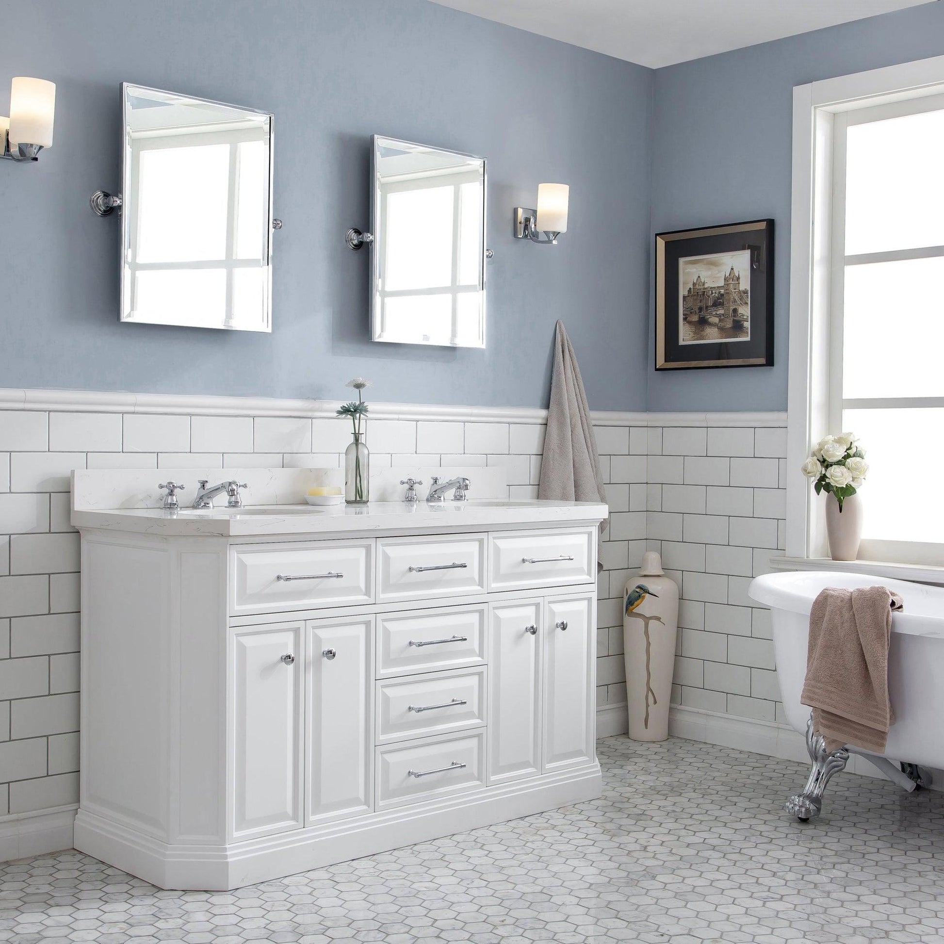 Water Creation Palace 60" Quartz Carrara Pure White Bathroom Vanity Set With Hardware, Mirror in Chrome Finish