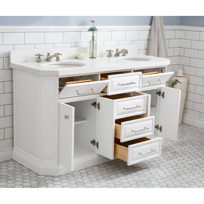 Water Creation Palace 60" Quartz Carrara Pure White Bathroom Vanity Set With Hardware, Mirror in Polished Nickel (PVD) Finish